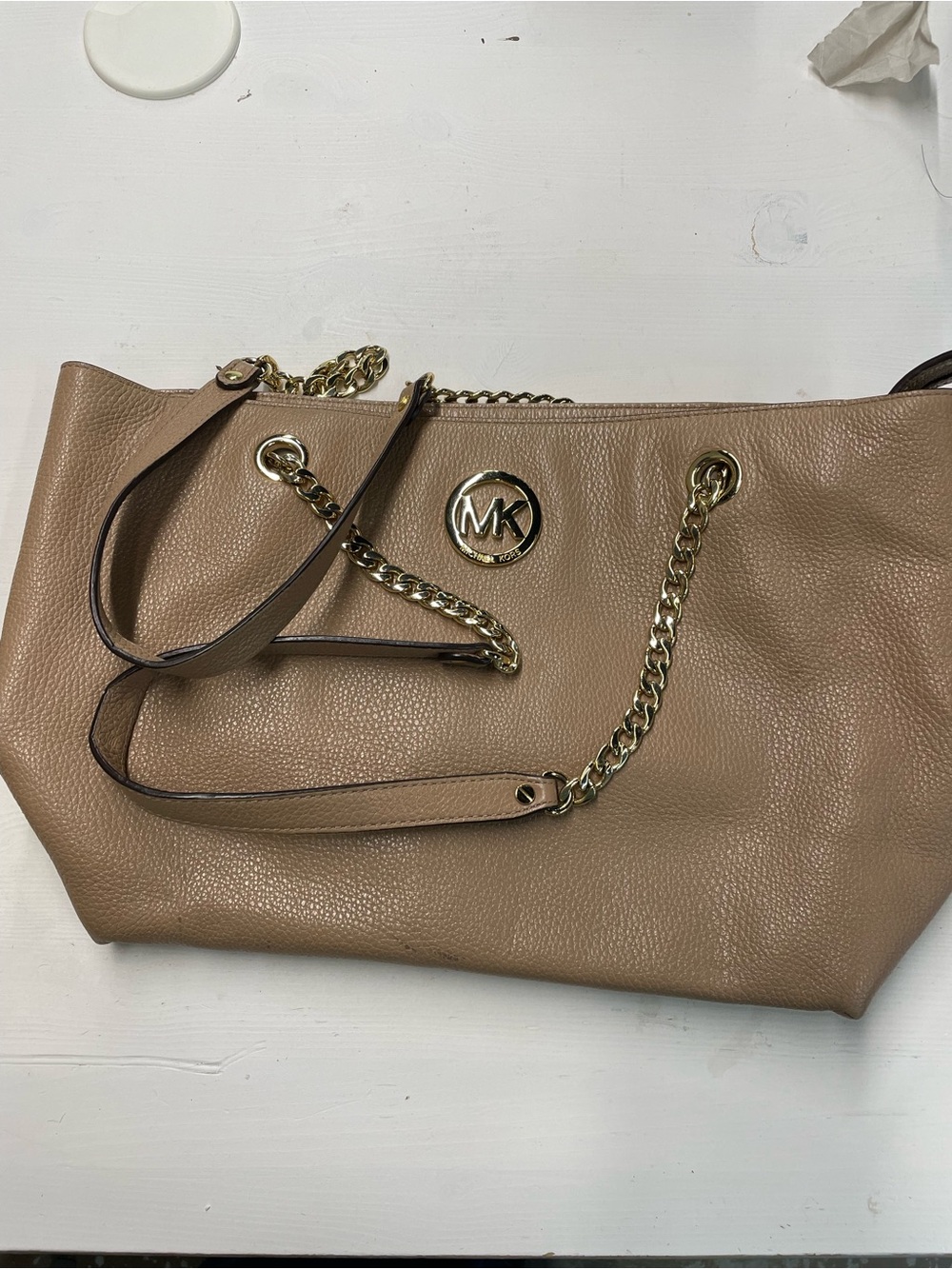 Michael Kors Jet Set Nude Beige Pebbled Leather Chain Tote Shoulder Bag ✨